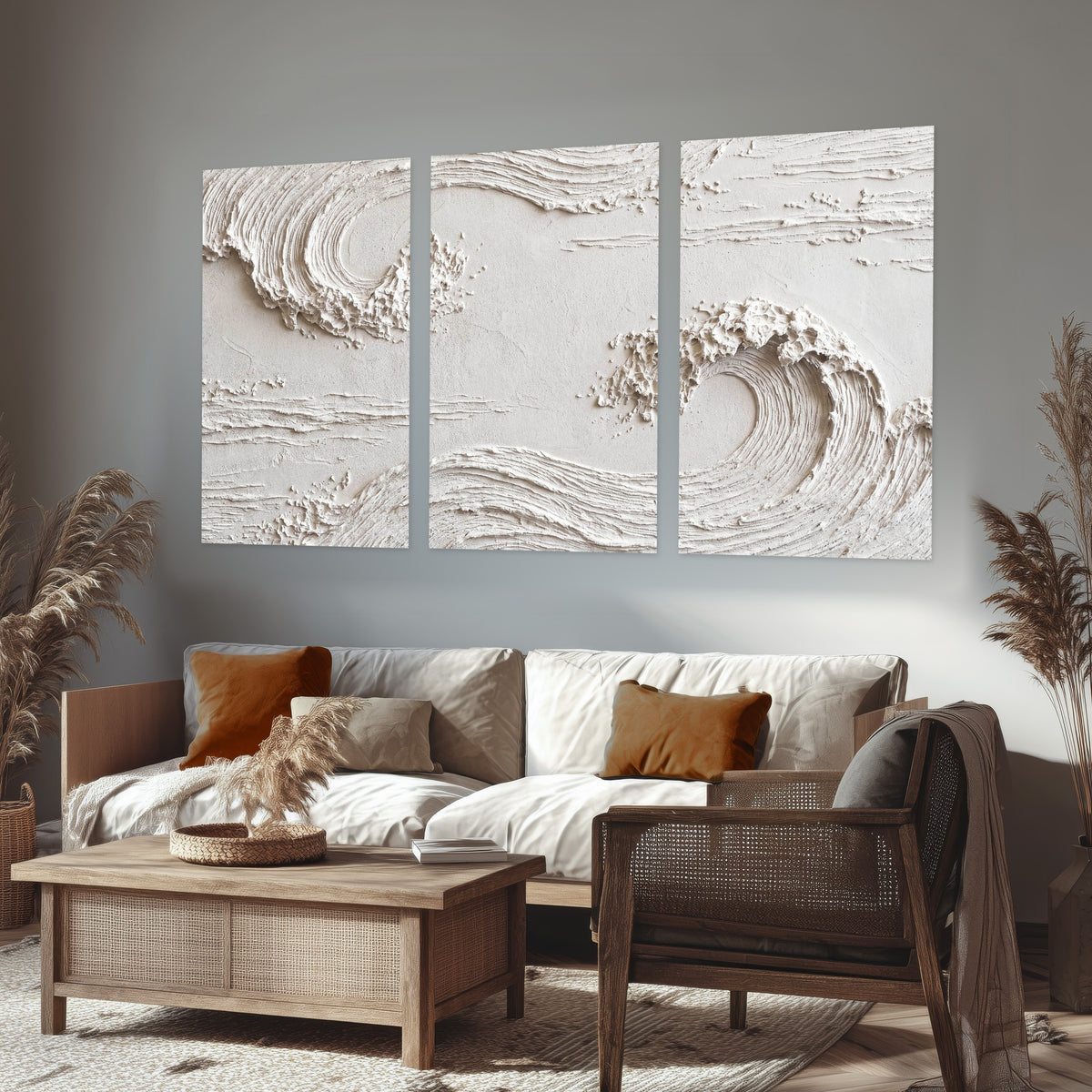 White plaster wave art set of 3 poster prints in a rustic living room