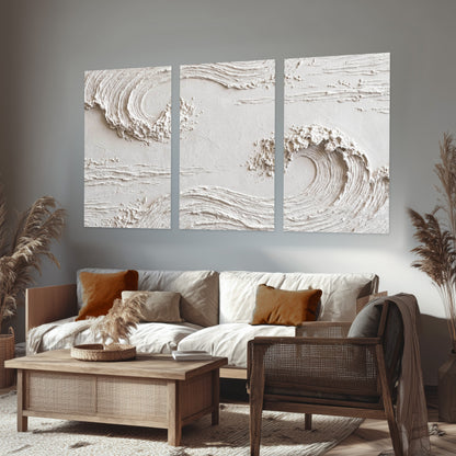 White plaster wave art set of 3 poster prints in a rustic living room