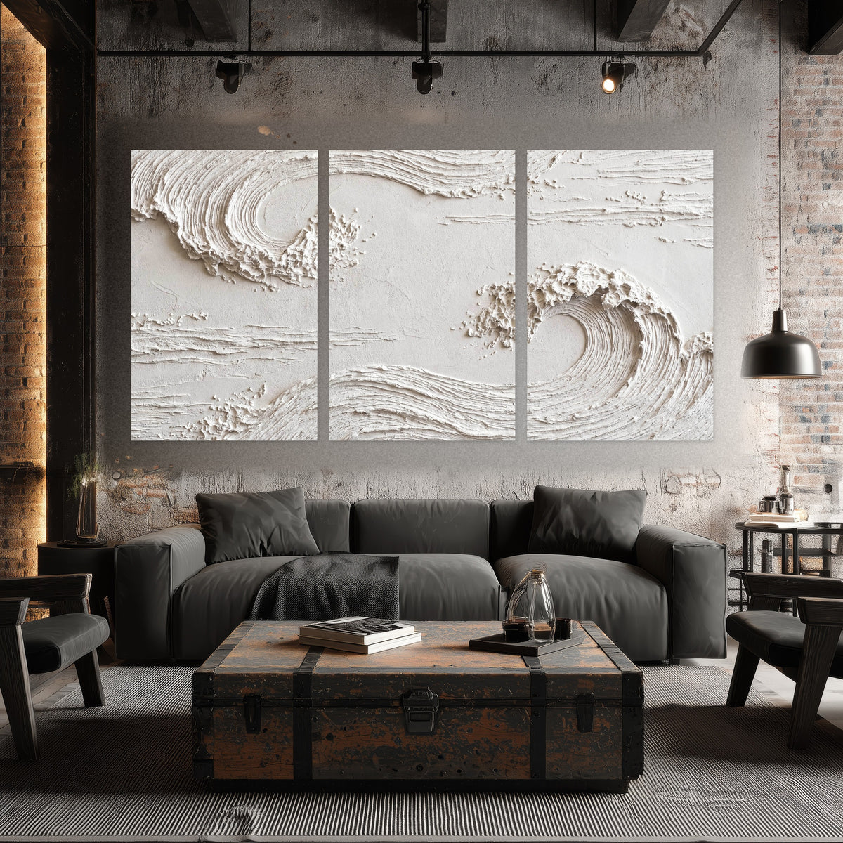 White plaster wave art set of 3 poster prints in an industrial loft