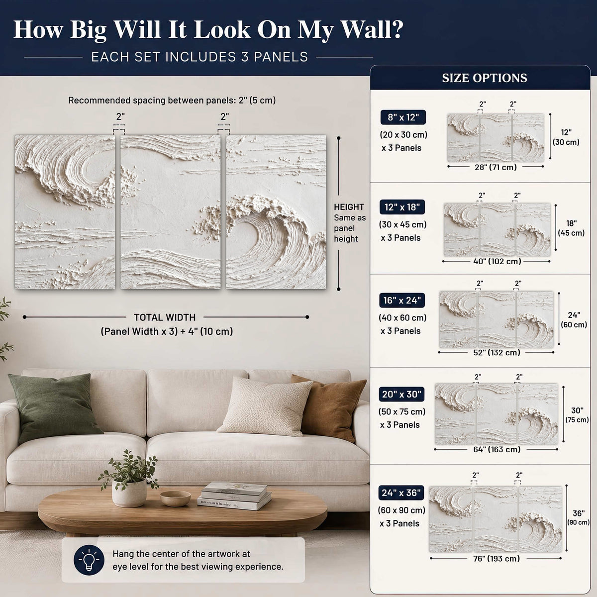 White plaster wave art set of 3 poster prints size guide above a sofa