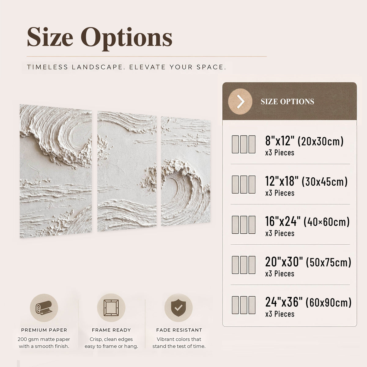 White plaster wave art set of 3 poster prints size options