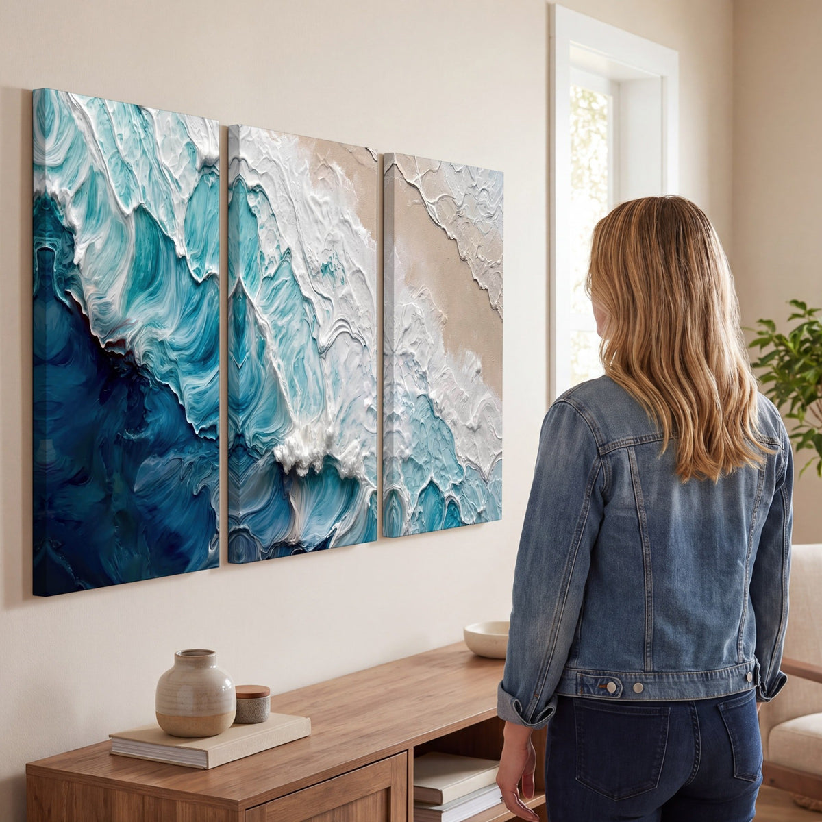Turquoise ocean wave painting 3 piece canvas wall art in a living room