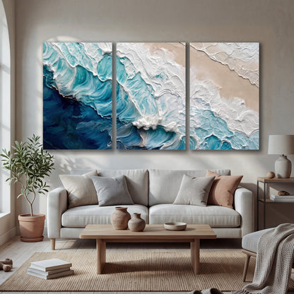Turquoise ocean wave painting 3 piece canvas wall art in a bright living room