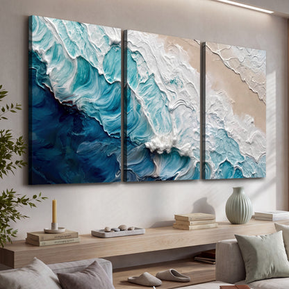 Turquoise ocean wave painting 3 piece canvas wall art in a living room above a console