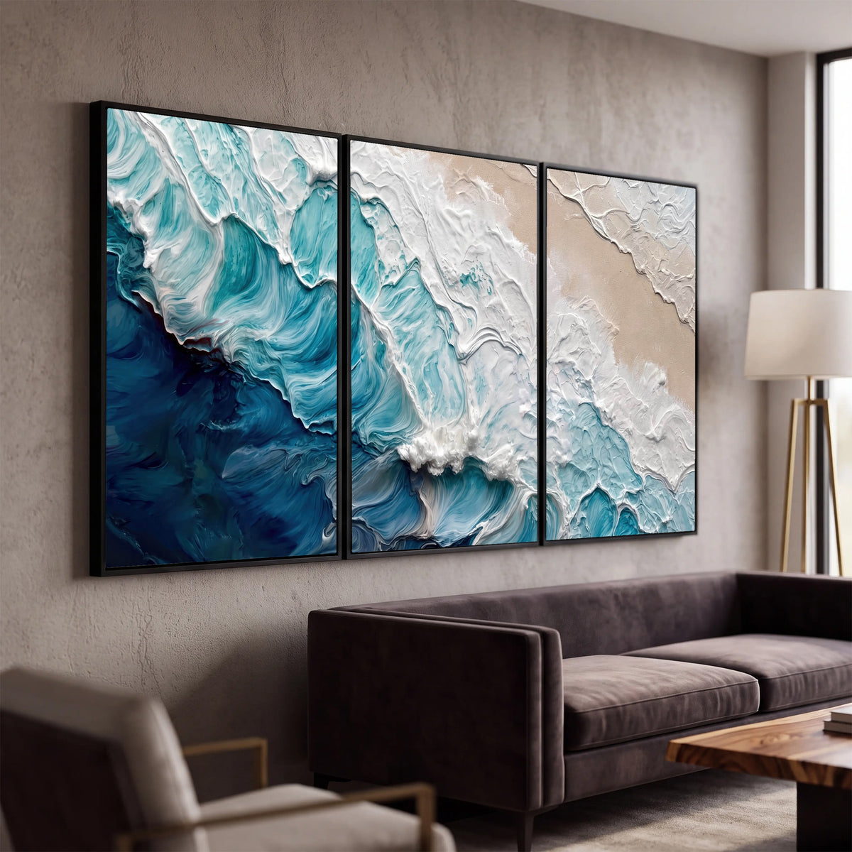 Turquoise ocean wave painting 3 piece canvas wall art in a modern living room