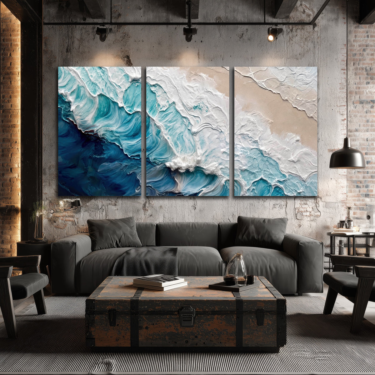 Turquoise ocean wave painting 3 piece canvas wall art in an industrial loft