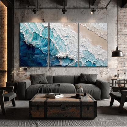 Turquoise ocean wave painting 3 piece canvas wall art in an industrial loft