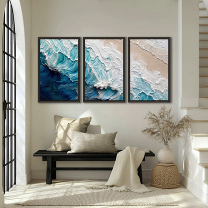 Turquoise ocean wave painting 3 piece framed canvas in an entryway above a bench