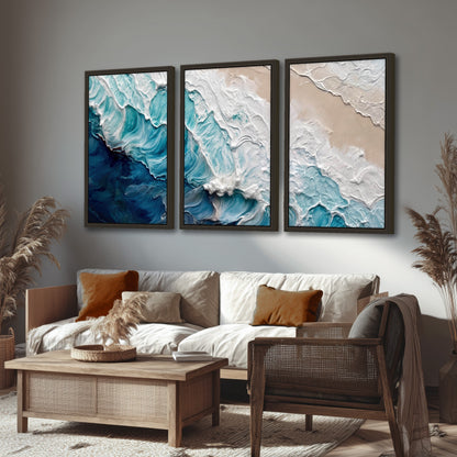Turquoise ocean wave painting 3 piece framed canvas in a rustic living room