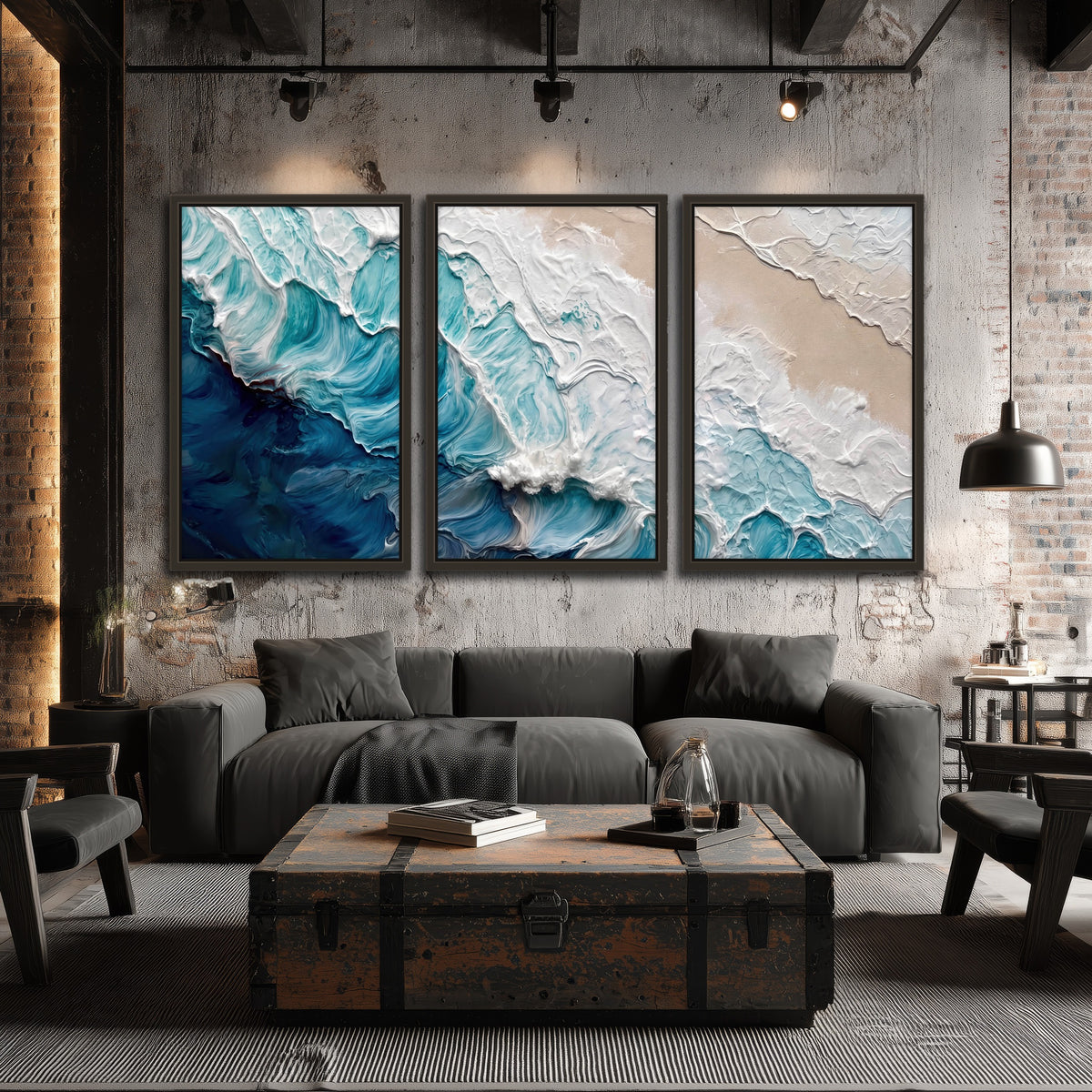 Turquoise ocean wave painting 3 piece framed canvas in an industrial loft