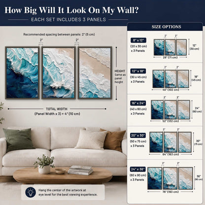 Turquoise ocean wave painting 3 piece framed canvas size guide above a sofa