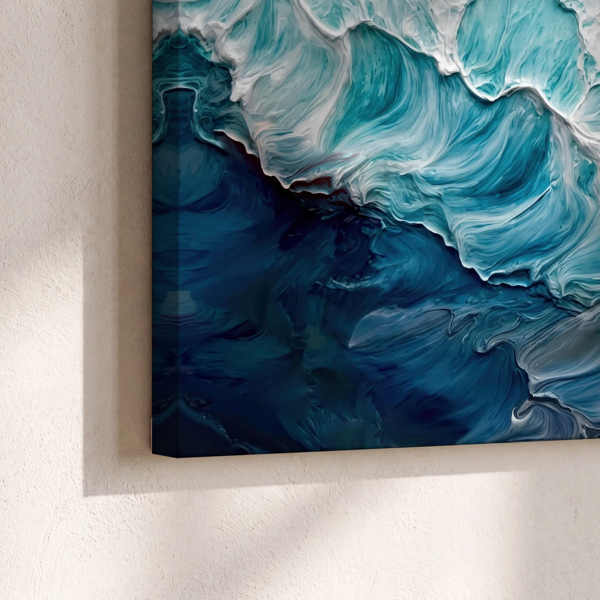 Turquoise ocean wave painting canvas print close-up showing the gallery-wrapped edge