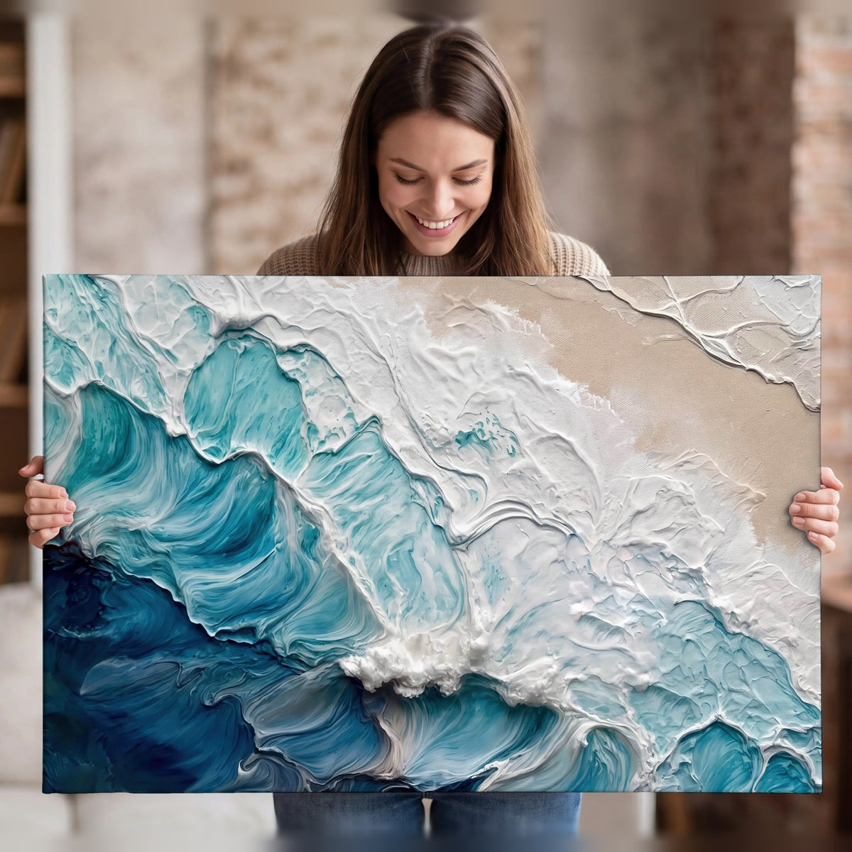 Turquoise ocean wave painting canvas wall art held in hands