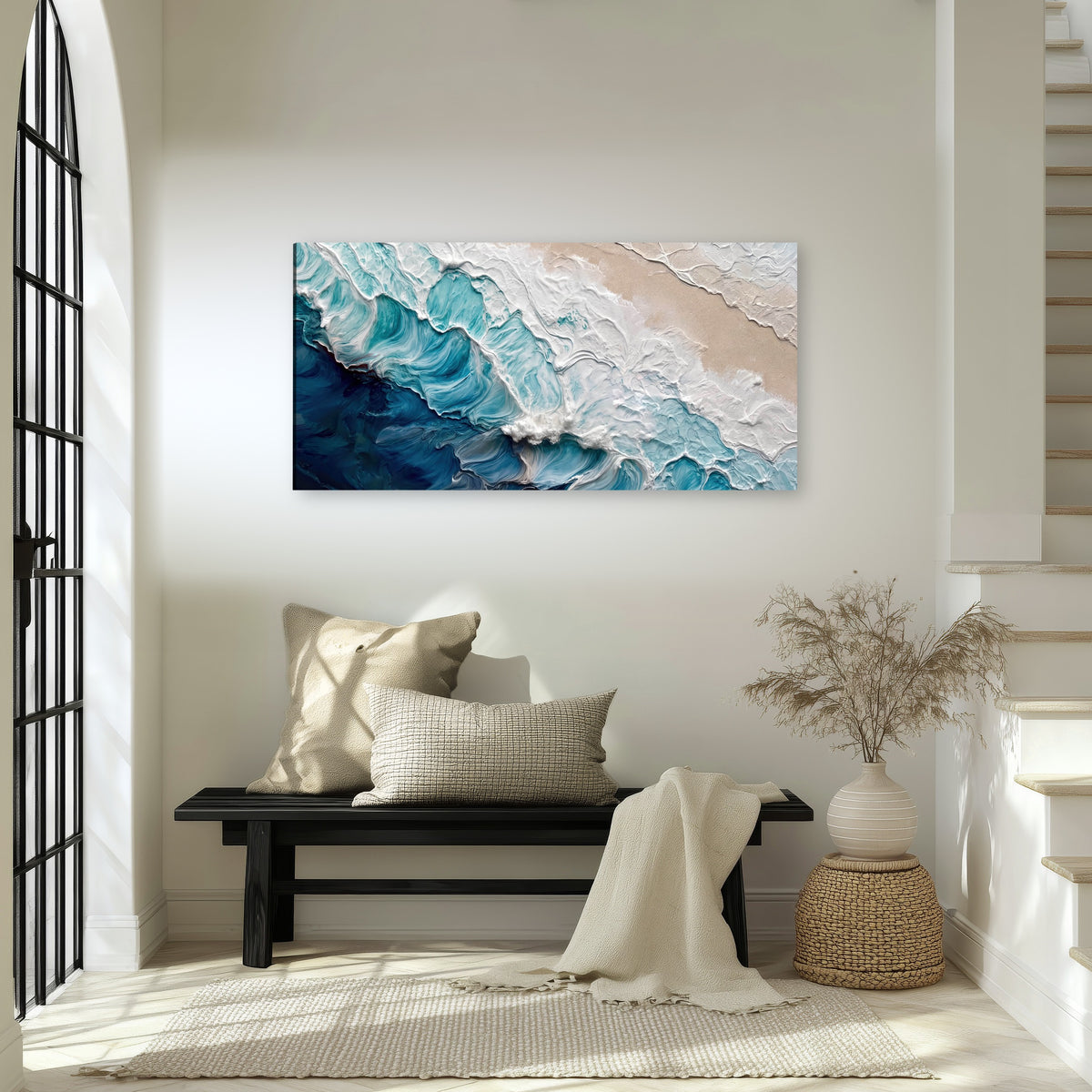 Turquoise ocean wave painting canvas wall art in an entryway above a bench