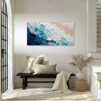 Turquoise ocean wave painting canvas wall art in an entryway above a bench