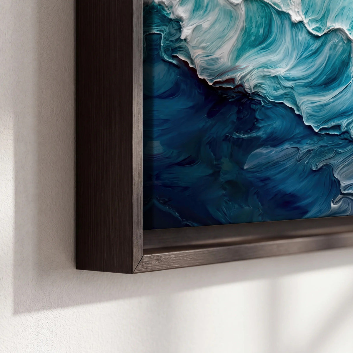 Turquoise ocean wave painting framed canvas close-up showing the floating frame
