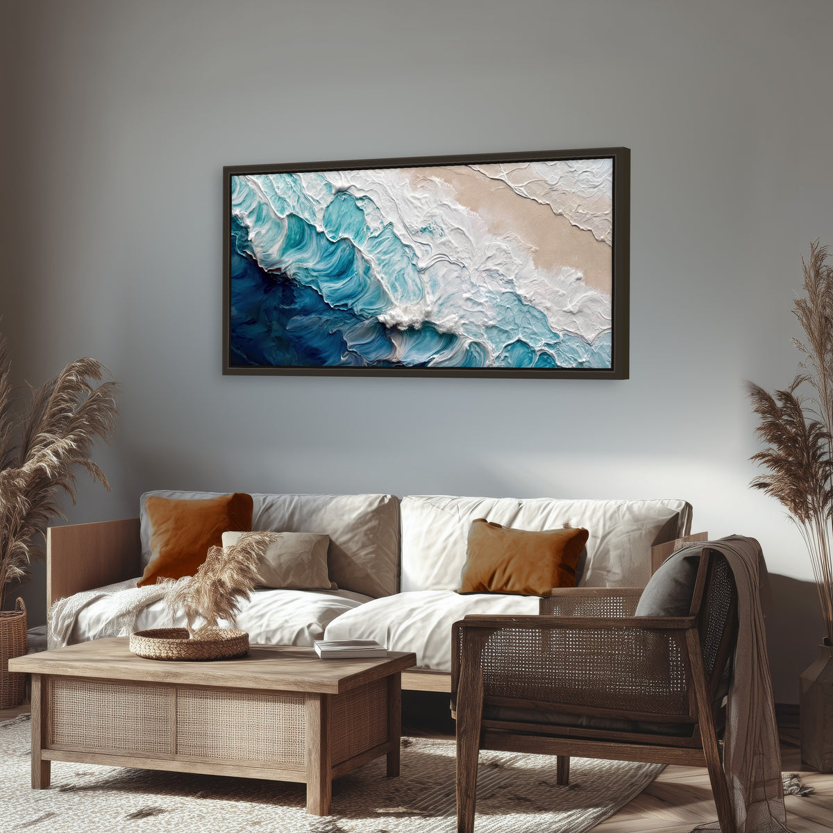 Turquoise ocean wave painting framed canvas wall art in a rustic living room