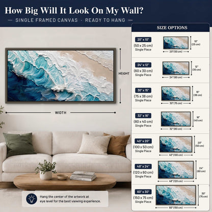 Turquoise ocean wave painting framed canvas wall art size guide above a sofa