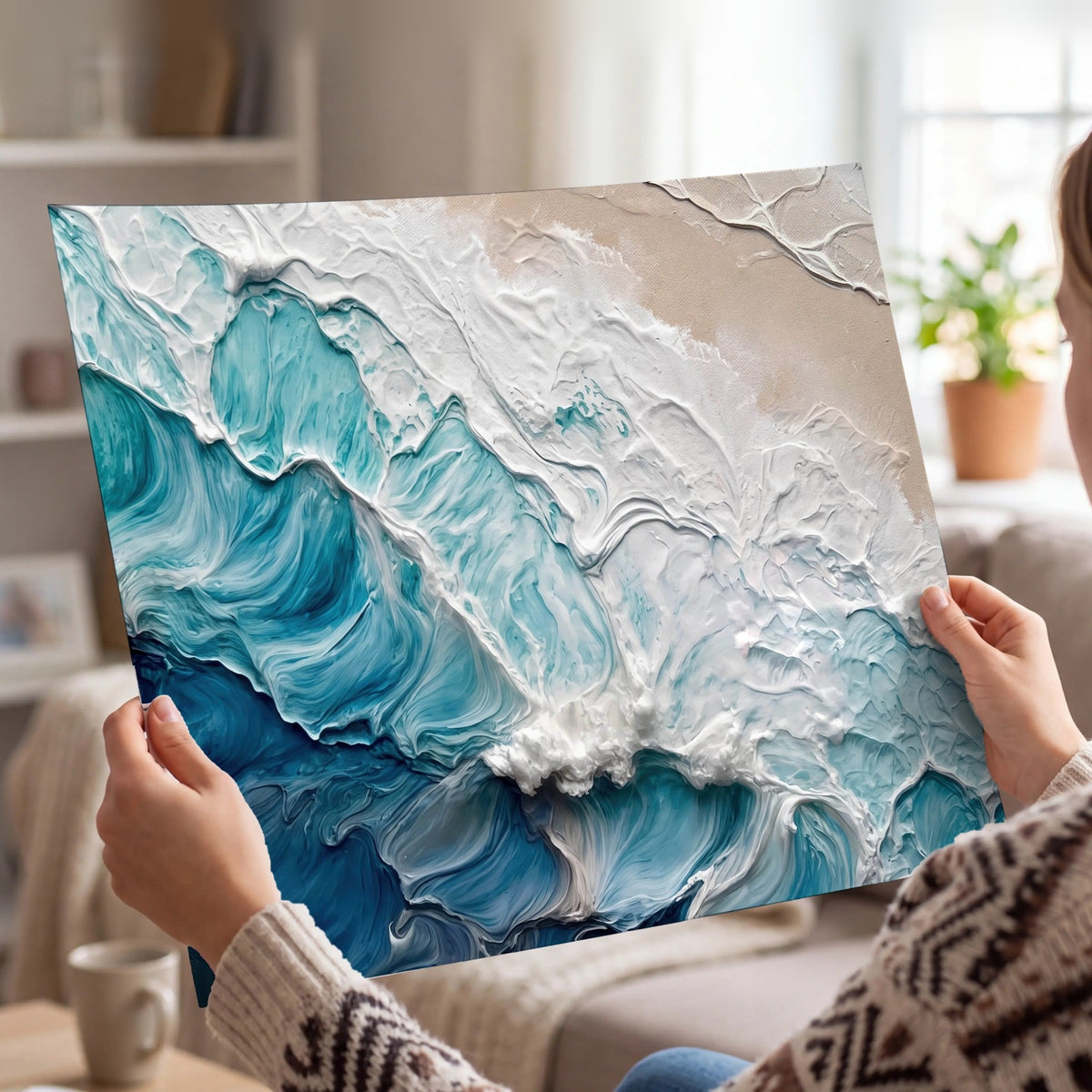 Turquoise ocean wave painting poster print held in hands