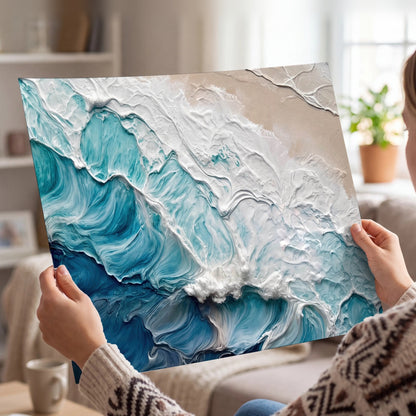 Turquoise ocean wave painting poster print held in hands