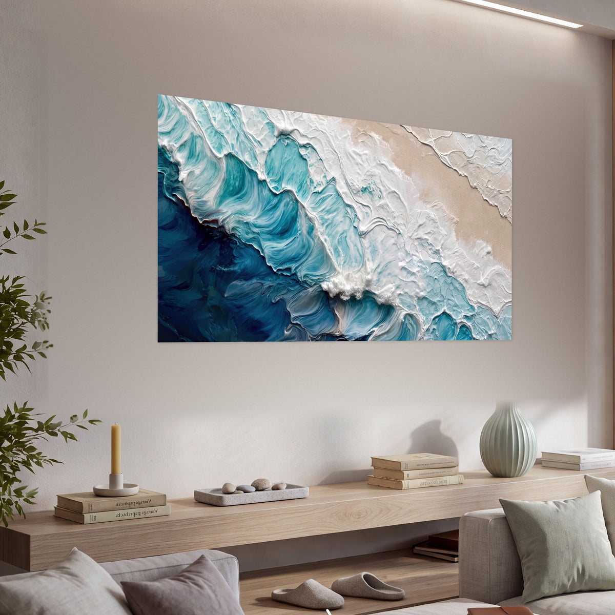 Turquoise ocean wave painting poster print in a living room above a console