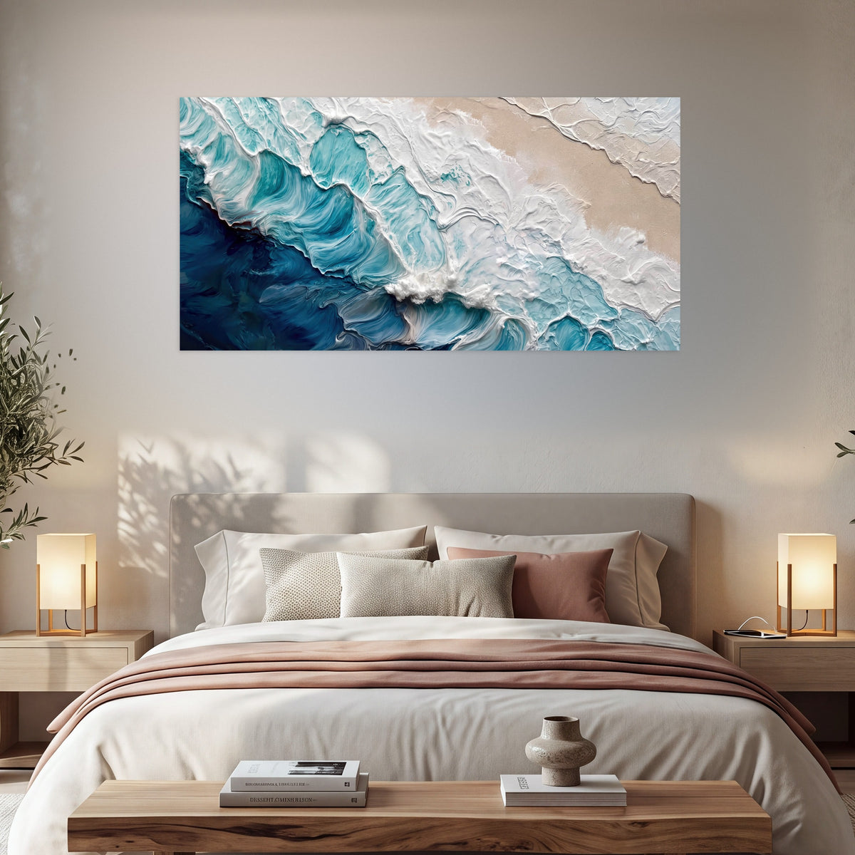 Turquoise ocean wave painting poster print in a bedroom above the bed