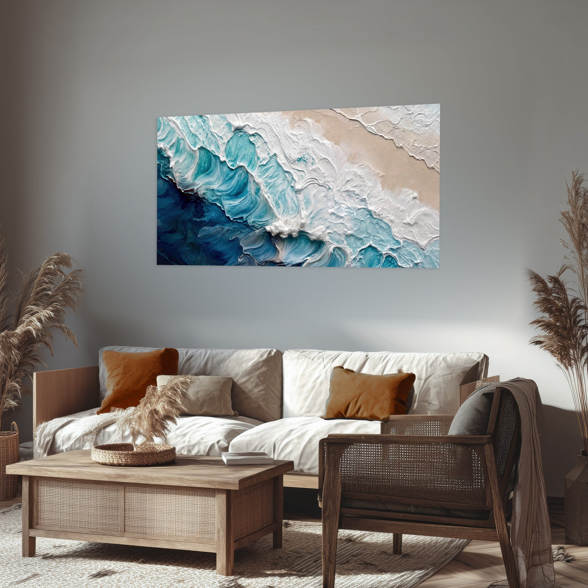Turquoise ocean wave painting poster print in a rustic living room