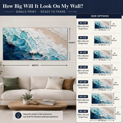 Turquoise ocean wave painting poster print size guide above a sofa