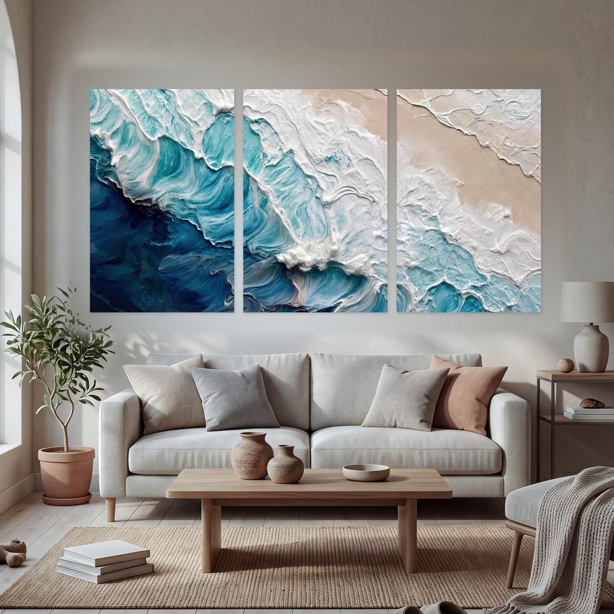 Turquoise ocean wave painting set of 3 poster prints in a bright living room