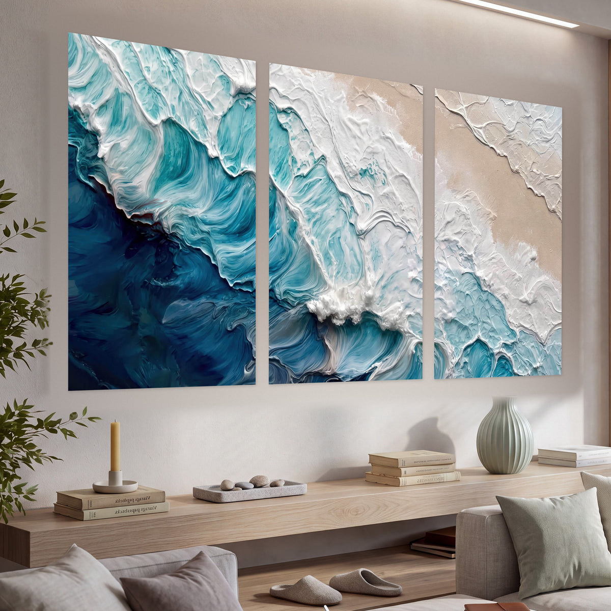 Turquoise ocean wave painting set of 3 poster prints in a living room above a console