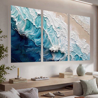 Turquoise ocean wave painting set of 3 poster prints in a living room above a console