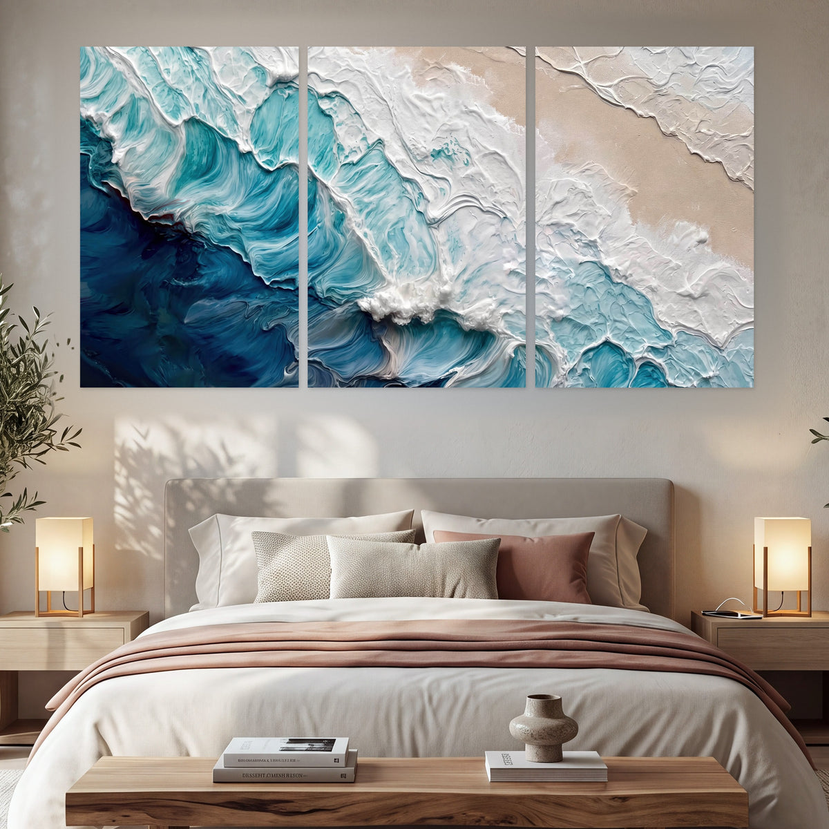 Turquoise ocean wave painting set of 3 poster prints in a bedroom above the bed