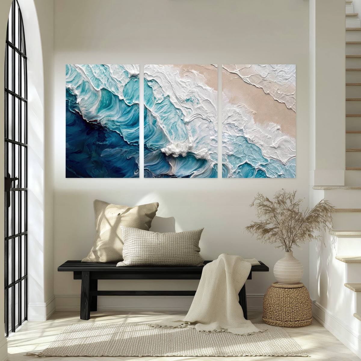 Turquoise ocean wave painting set of 3 poster prints in an entryway above a bench