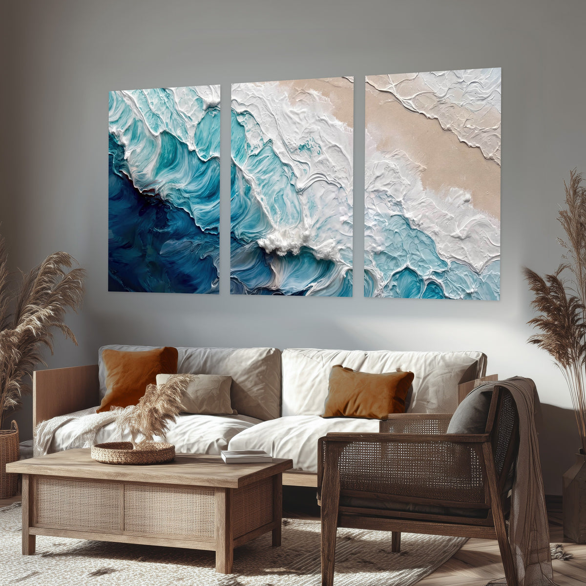 Turquoise ocean wave painting set of 3 poster prints in a rustic living room