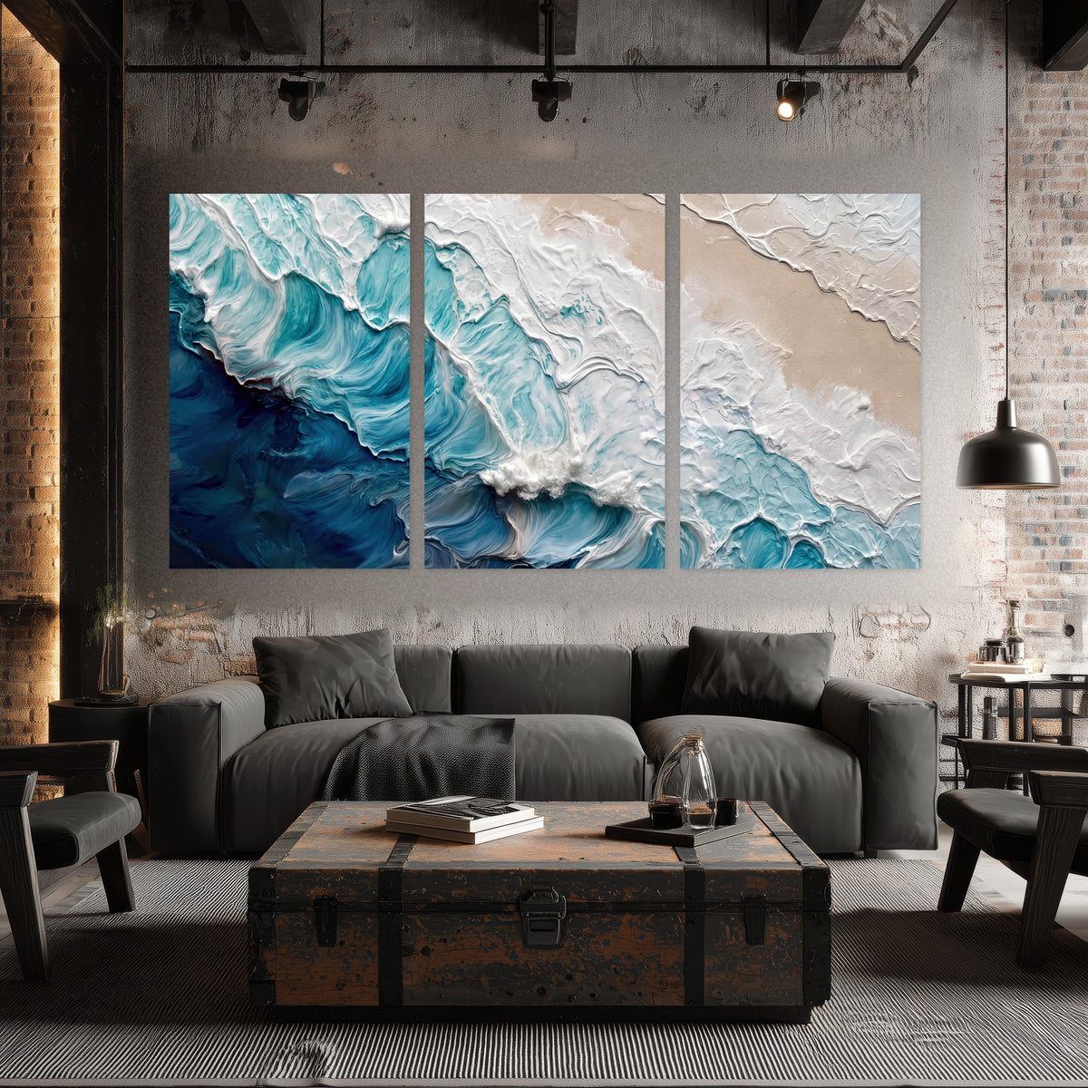 Turquoise ocean wave painting set of 3 poster prints in an industrial loft