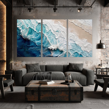 Turquoise ocean wave painting set of 3 poster prints in an industrial loft