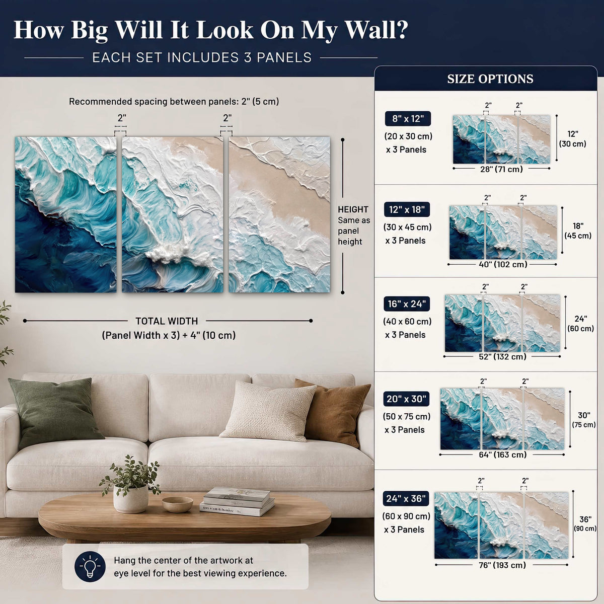 Turquoise ocean wave painting set of 3 poster prints size guide above a sofa