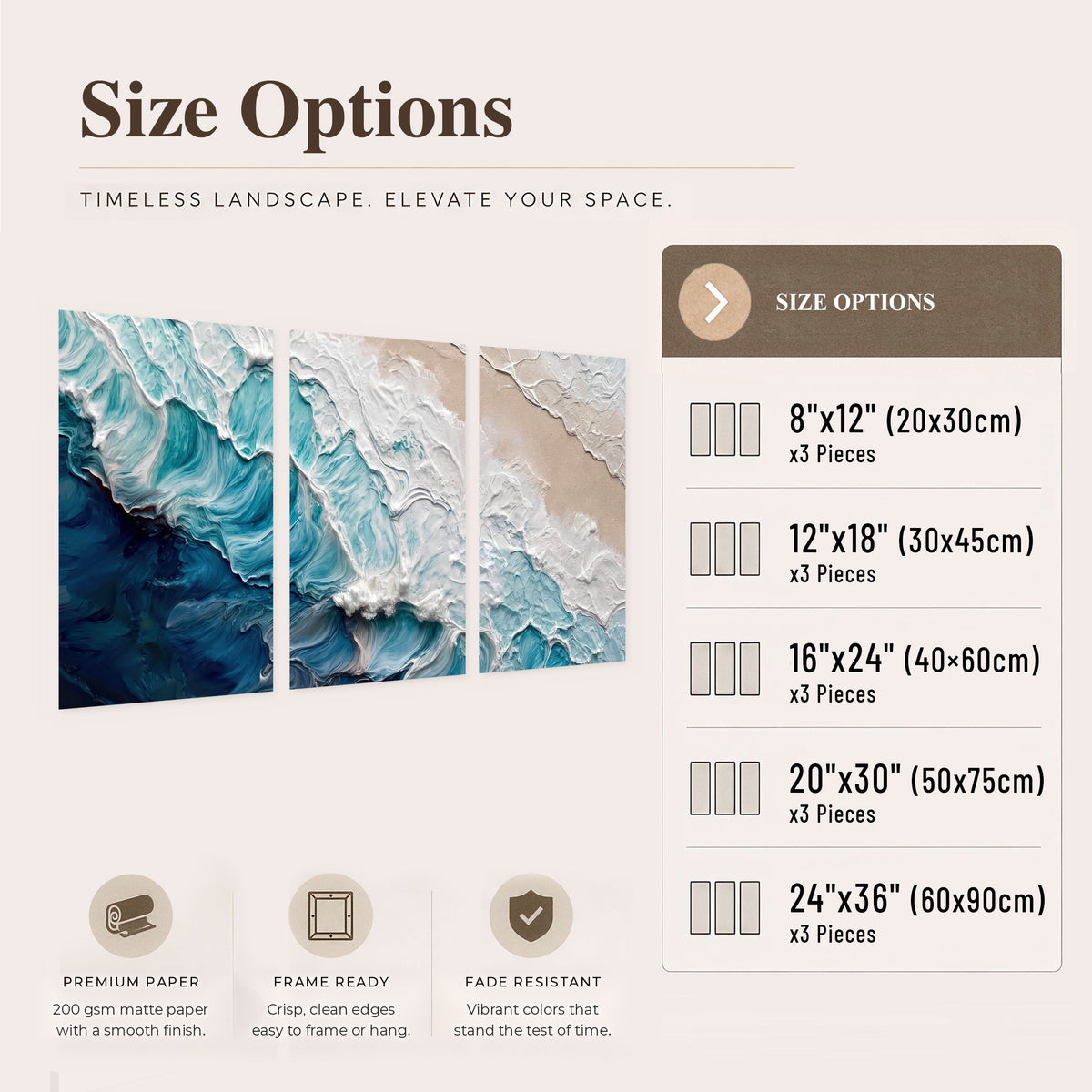 Turquoise ocean wave painting set of 3 poster prints size options