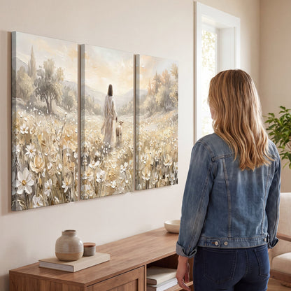 Jesus and lamb flower field painting 3 piece canvas wall art in a living room
