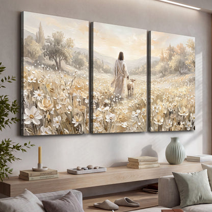 Jesus and lamb flower field painting 3 piece canvas wall art in a living room above a console