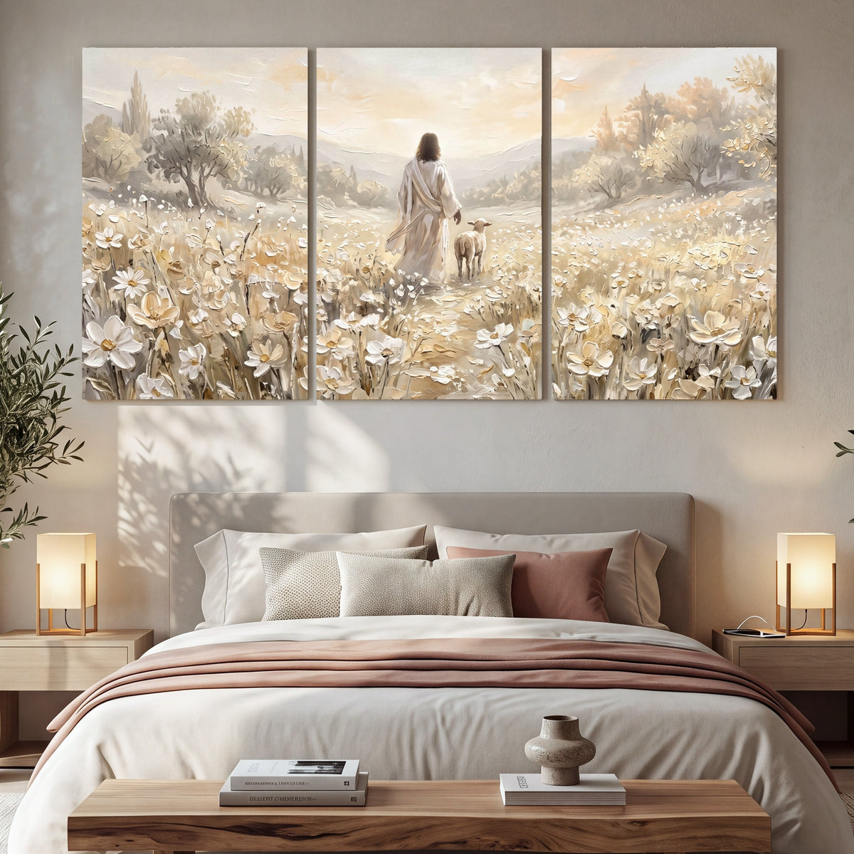 Jesus and lamb flower field painting 3 piece canvas wall art in a bedroom above the bed
