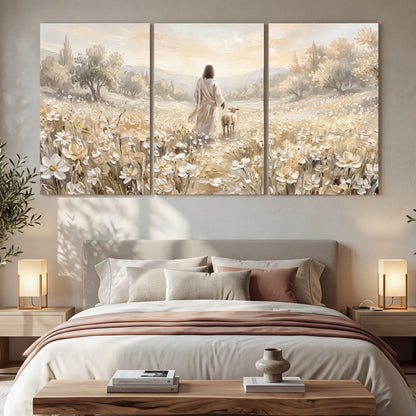 Jesus and lamb flower field painting 3 piece canvas wall art in a bedroom above the bed