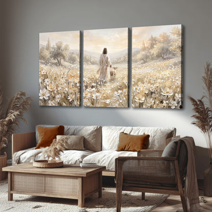 Jesus and lamb flower field painting 3 piece canvas wall art in a rustic living room