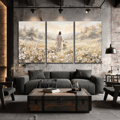 Jesus and lamb flower field painting 3 piece canvas wall art in an industrial loft