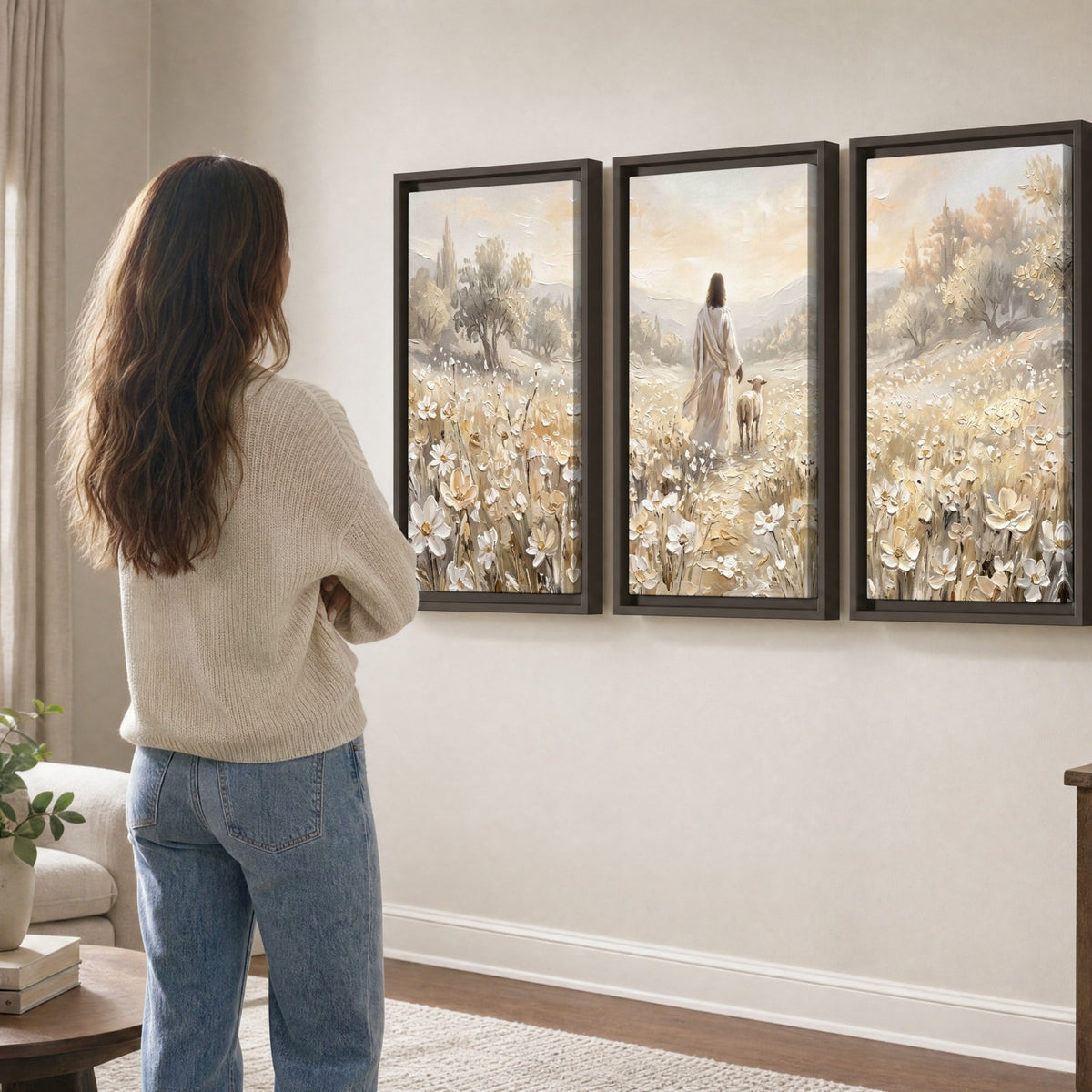 Jesus and lamb flower field painting 3 piece framed canvas in a living room