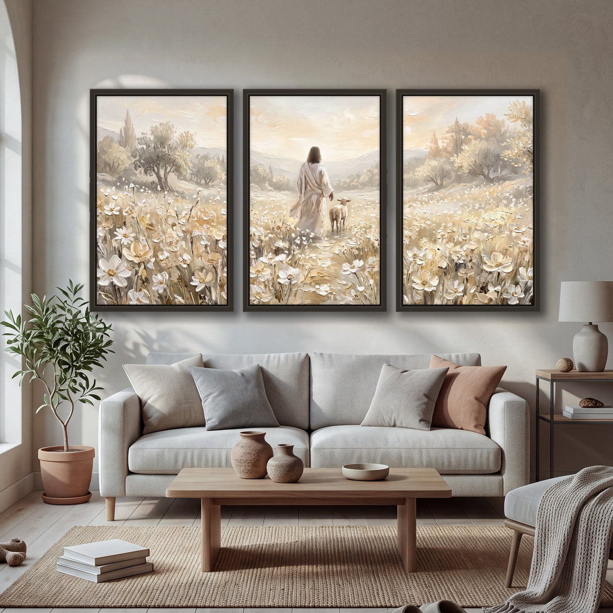 Jesus and lamb flower field painting 3 piece framed canvas in a bright living room