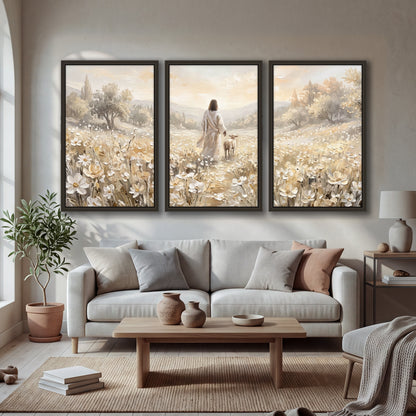 Jesus and lamb flower field painting 3 piece framed canvas in a bright living room