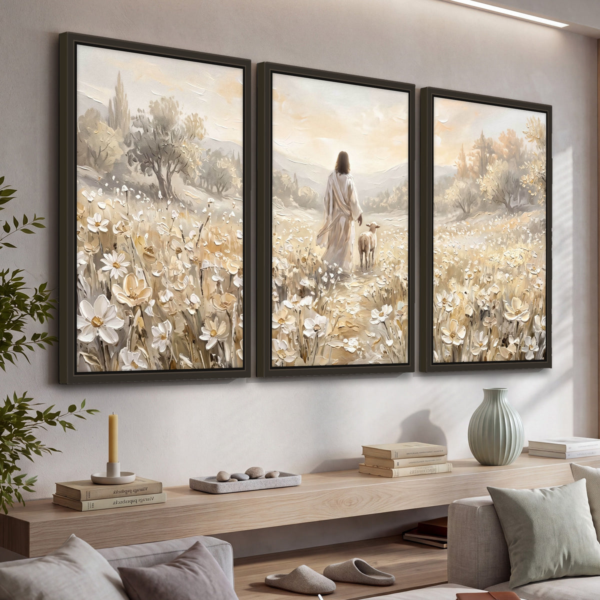 Jesus and lamb flower field painting 3 piece framed canvas in a living room above a console