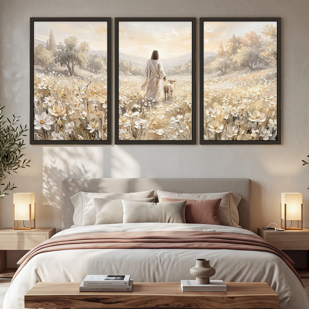 Jesus and lamb flower field painting 3 piece framed canvas in a bedroom above the bed