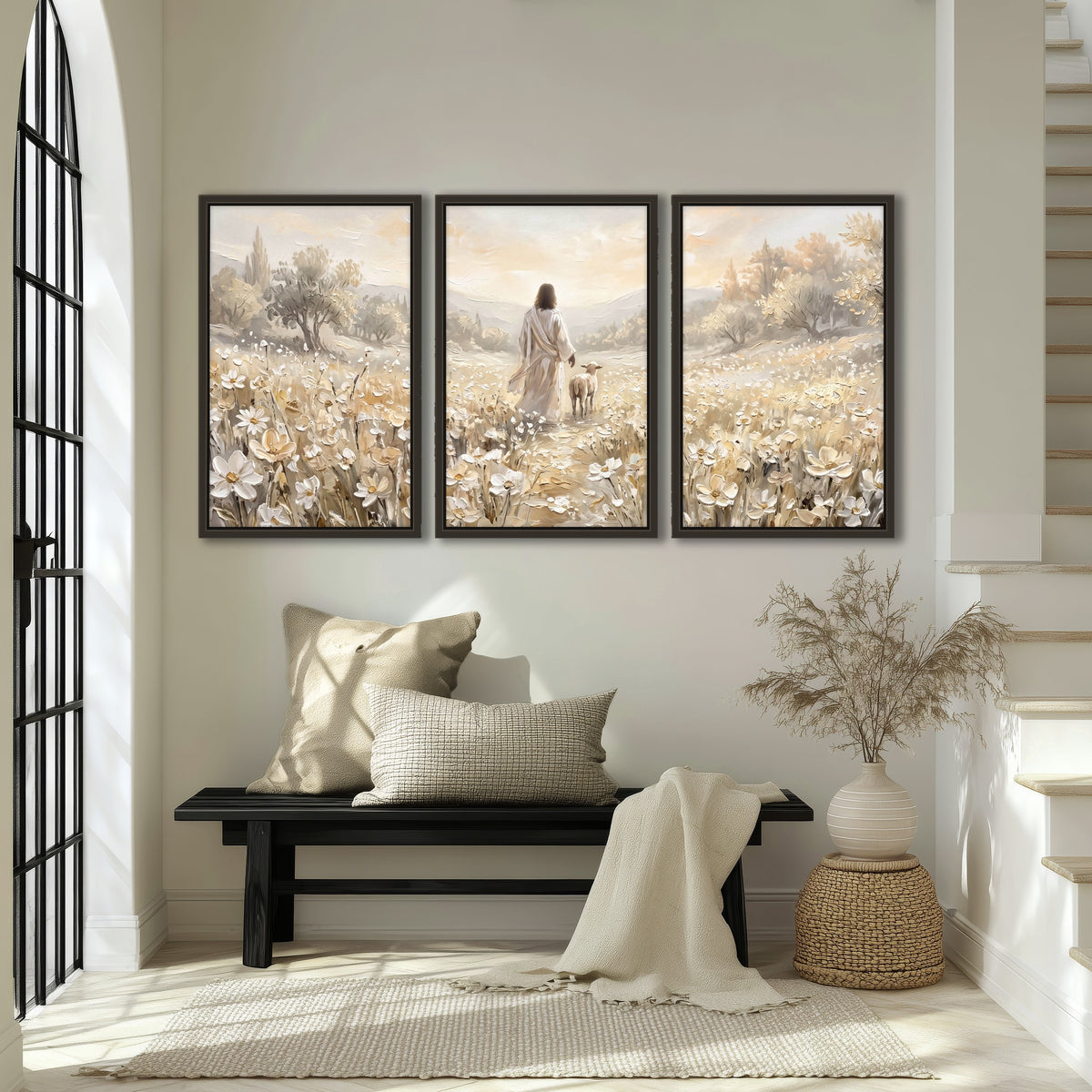 Jesus and lamb flower field painting 3 piece framed canvas in an entryway above a bench